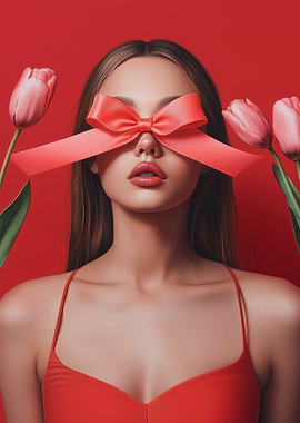 Woman with Pink Bow and Tulips