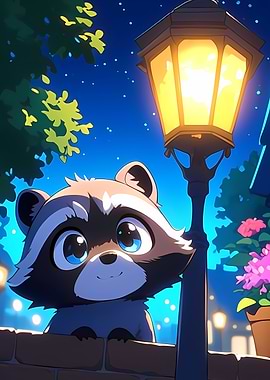 Cute Raccoon Night Scene