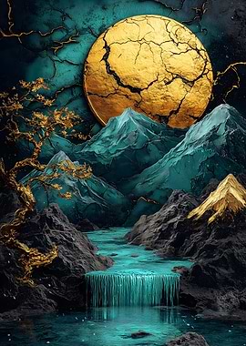 Golden Moon Mountain Landscape