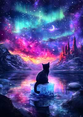 Cat Under Aurora Borealis