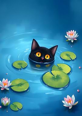 Black Cat in Water Lilies