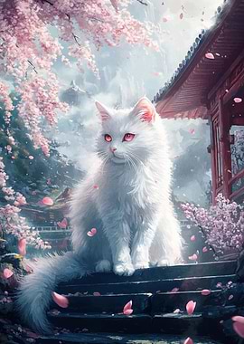 White Cat in Cherry Blossom Garden