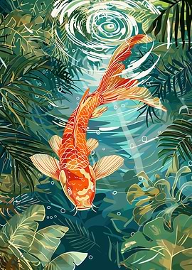 Koi Fish in Tropical Pond