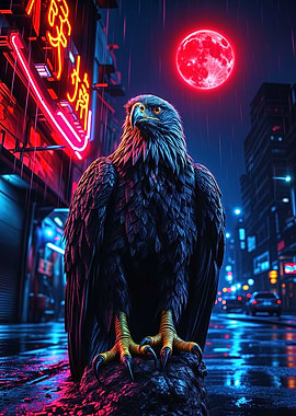 Cyberpunk Eagle Under Neon Red Moon