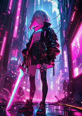 Cyberpunk Anime Girl with Cityscape