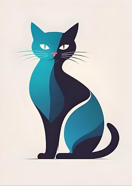Blue and Black Cat Illustration