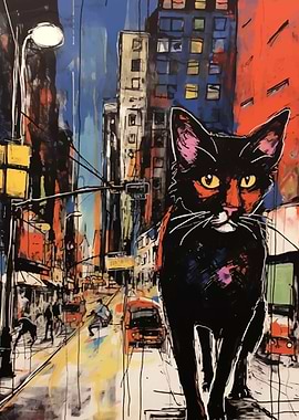 Black Cat in Cityscape