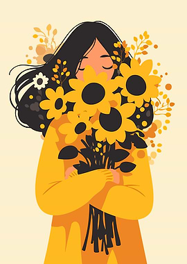 Autumn Girl with Yellow Flowers Minimalist Art Illustration