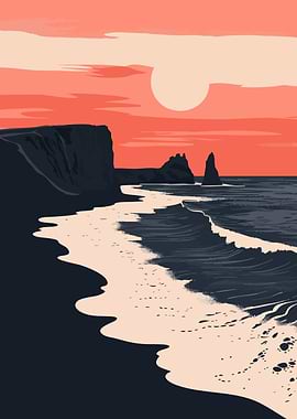 Black Sands of Iceland Sunset Coastline Minimalist Art Illustration