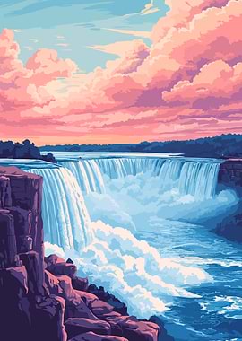 Pastel Niagara Falls Sunset Minimalist Art Illustration