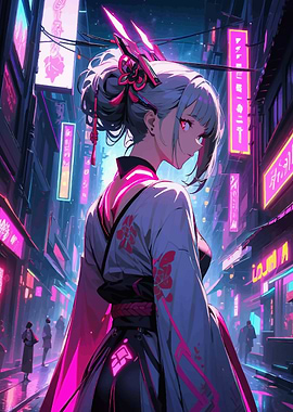 Japanese Geisha with Neon Cityscape