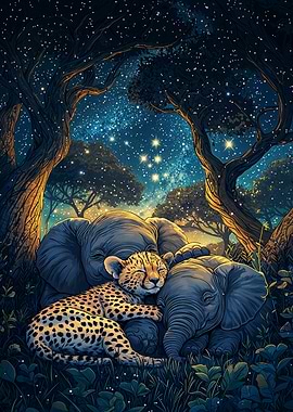 Cheetah and Elephants Under Stars