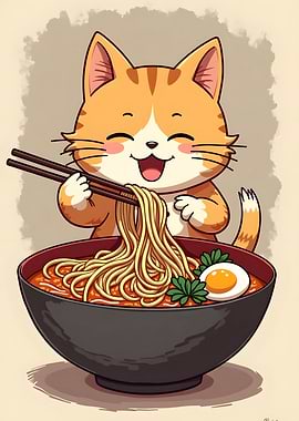 Cute Cat Eating Ramen
