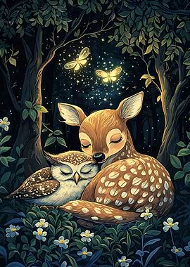 Sleeping Deer and Owl