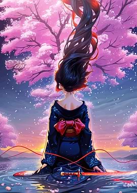 Japanese Anime Geisha in Cherry Blossom