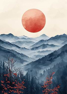 Red Sun Over Mountains