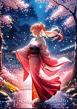 Anime Girl in Kimono under Night Cherry Blossom