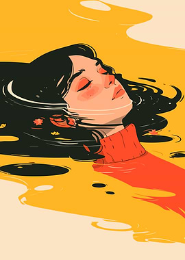 Woman Floating in Autumn Waters Minimalist Illustration Art
