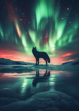 Wolf Under Northern Lights
