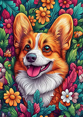 Welsh Corgi in Flowers