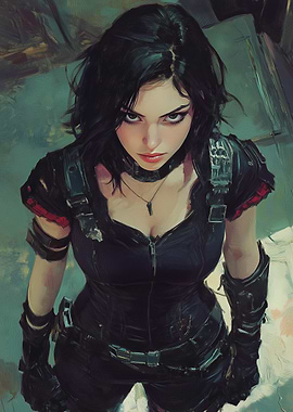 Dark-Haired Woman in Black Outfit, Cyberpunk