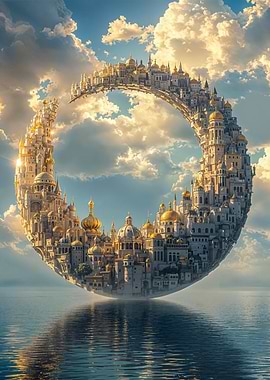 Floating Crescent City Above the Sea Cityscape