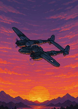Sunset Patrol – Pixel Art P-38 Lightning Metal Poster