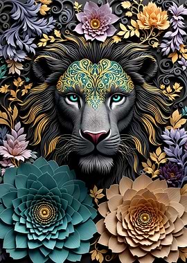 Majestic Lion with Golden Papercut Flowers and Ornate Design