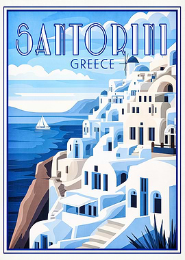 Santorini Greece Retro Poster