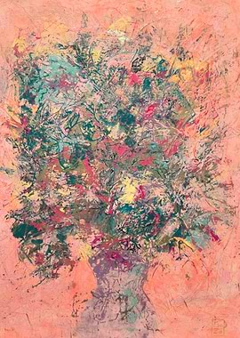 Abstract Floral Painting on Peach Pink