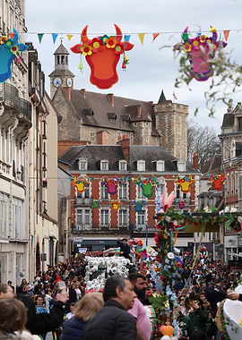 Street Festival Medieval Montluçon France with Cow Decorations