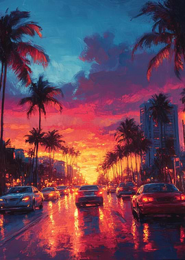 Sunset Cityscape with Palm Trees