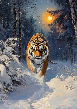 Tiger in Snowy Forest