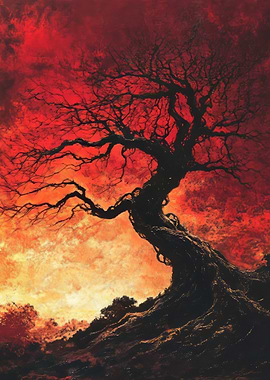 Twisted Tree Against Red Sky