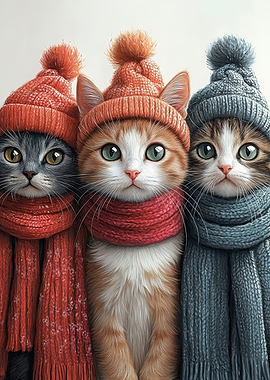 Three Cats in Winter Hats
