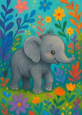 Cute Baby Elephant in Flower Garden