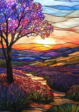 Stained Glass Sunset Landscape