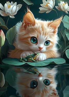 Kitten and Frog on Lily Pad Cornish Rex Cat