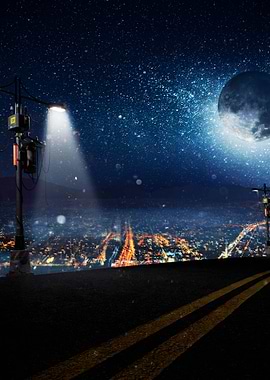 Night Cityscape with Moon