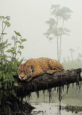 Jaguar Resting in Fog