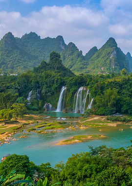 Waterfall in Lush Landscape