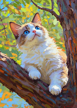 Cat in a Tree Art Painting Pictures Rustic Bathroom Decor Hang in There Cat