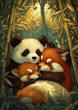 Panda and Red Pandas Napping