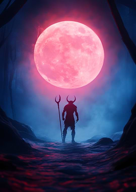 Silhouetted Warrior Under Blood Moon