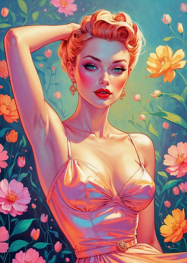 Blonde Pin-Up Floral Background