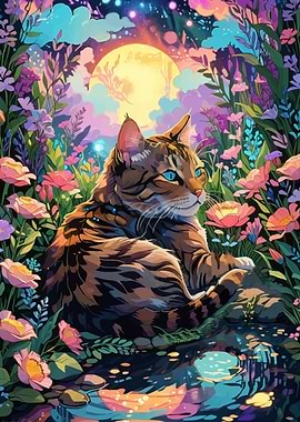 Cat in a Moonlit Garden