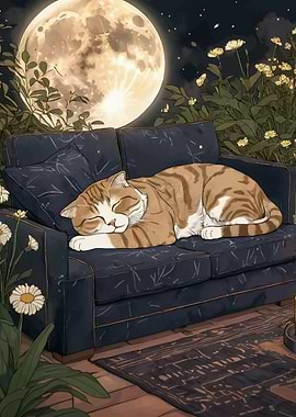 Tabby Cat Sleeping Under the Moon