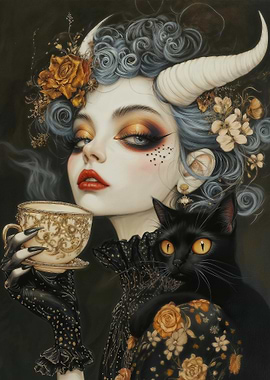 Witchcore Tea Time with Black Cat Familiar