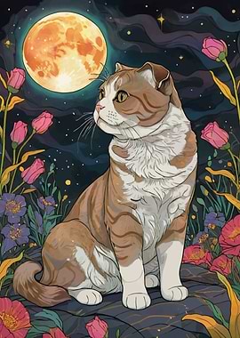 Scottish Fold Cat Under the Moon
