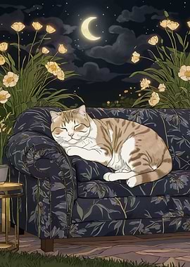 Sleeping Cat Under Moonlight